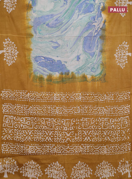 Batik cotton saree multi colour and mustared yellow with allover prints and batik printed border