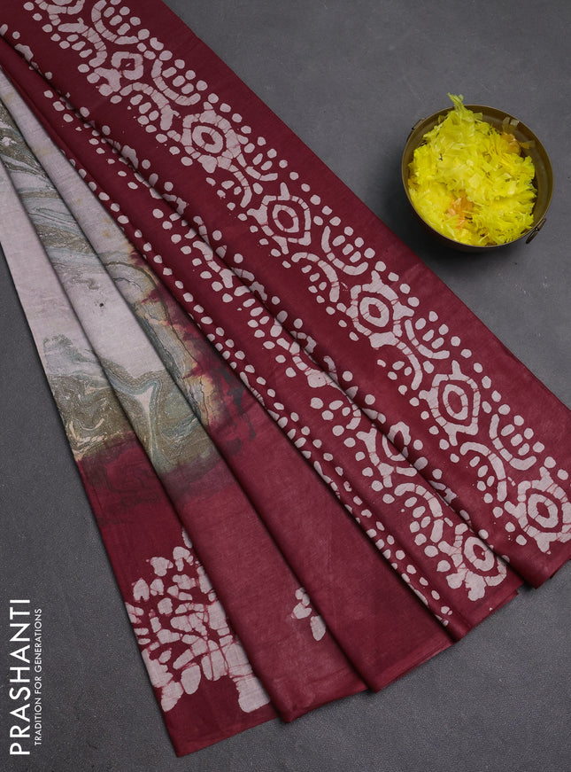 Batik cotton saree multi colour and maroon with allover prints and batik printed border