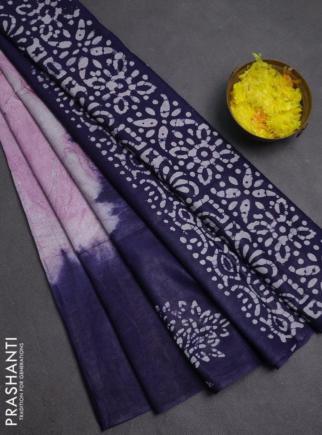Batik cotton saree multi colour and navy blue with allover prints and batik printed border