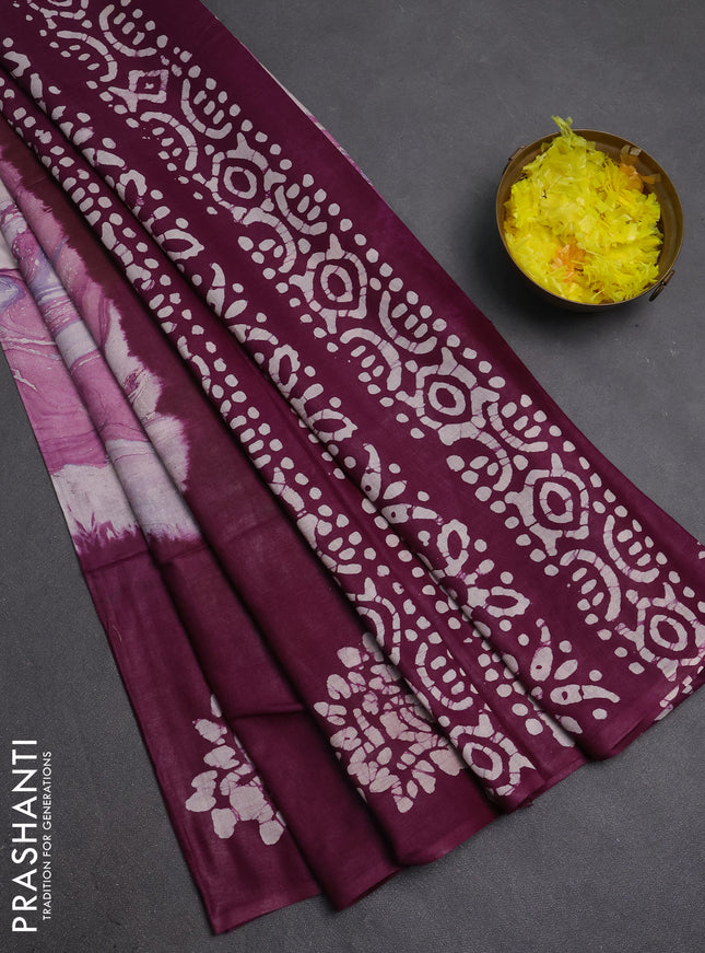 Batik cotton saree multi colour and wine shade with allover prints and batik printed border