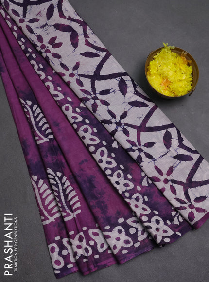 Batik cotton saree purple with batik butta prints and batik printed border