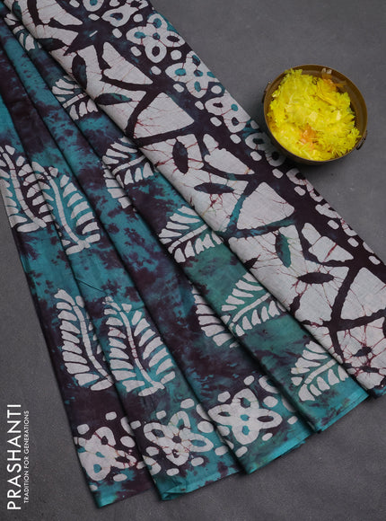 Batik cotton saree teal green with batik butta prints and batik printed border