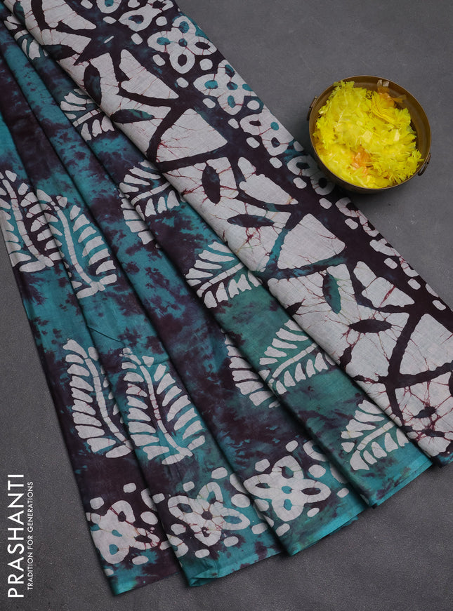 Batik cotton saree teal green with batik butta prints and batik printed border