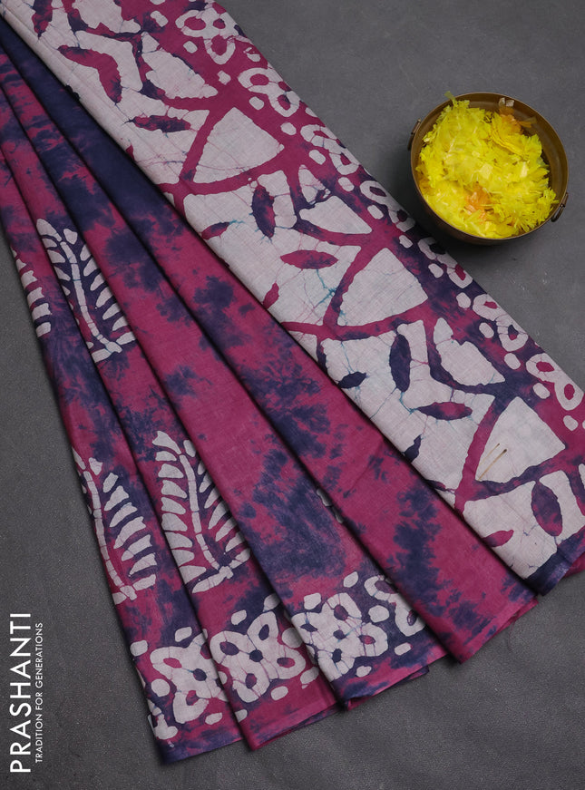 Batik cotton saree magent pink with batik butta prints and batik printed border
