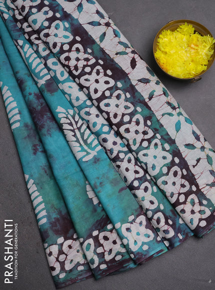 Batik cotton saree teal green with batik butta prints and batik printed border