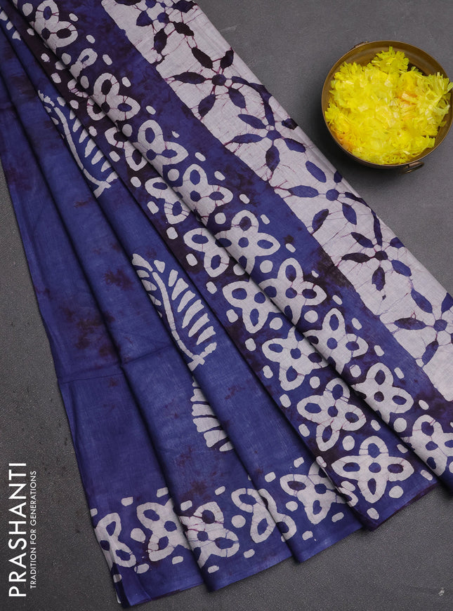 Batik cotton saree blue with batik butta prints and batik printed border