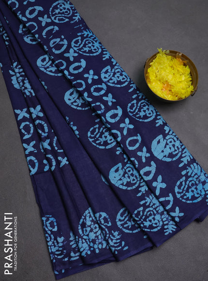 Batik cotton saree navy blue with allover prints and batik printed border