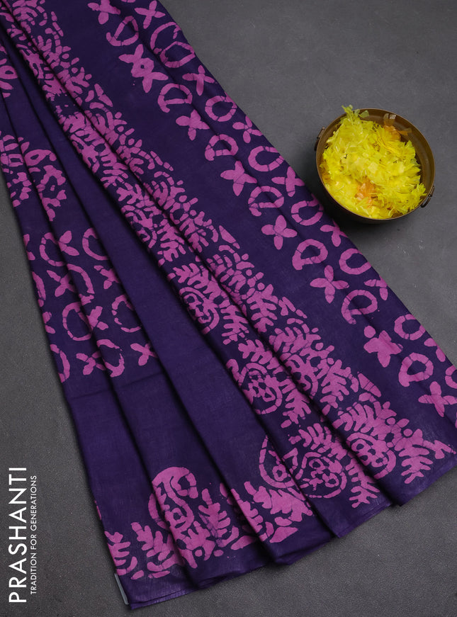 Batik cotton saree violet with allover prints and batik printed border
