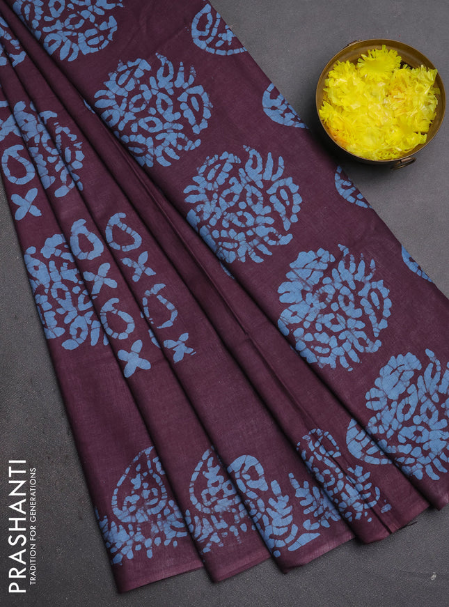 Batik cotton saree wine shade with allover prints and batik printed border