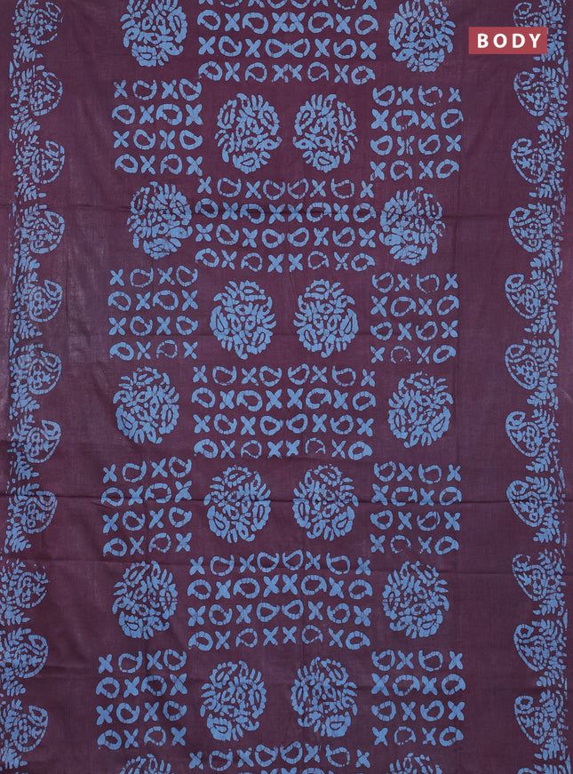 Batik cotton saree wine shade with allover prints and batik printed border