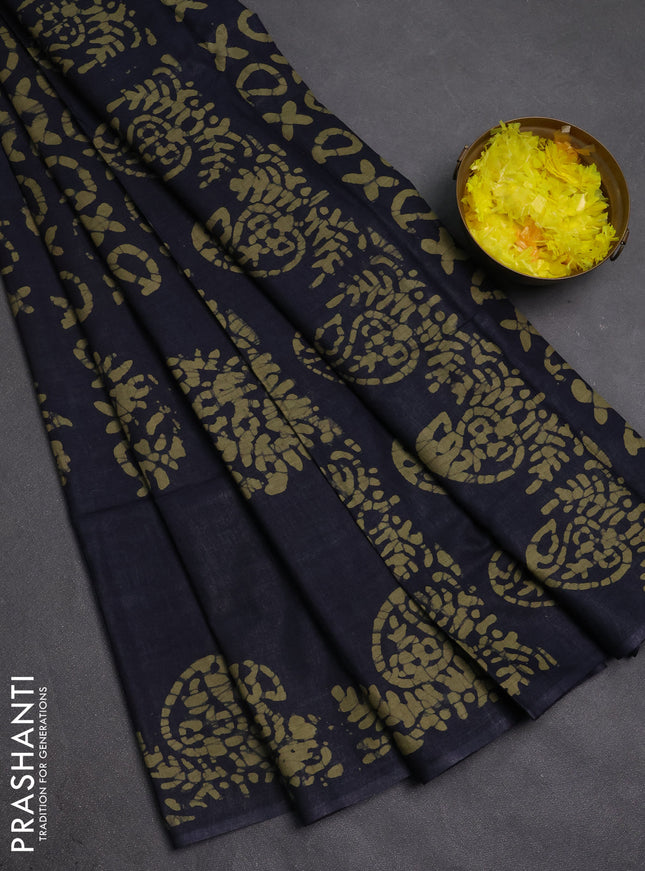 Batik cotton saree navy blue with allover prints and batik printed border