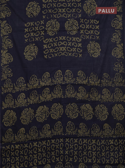 Batik cotton saree navy blue with allover prints and batik printed border