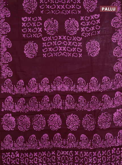 Batik cotton saree wine shade with allover prints and batik printed border