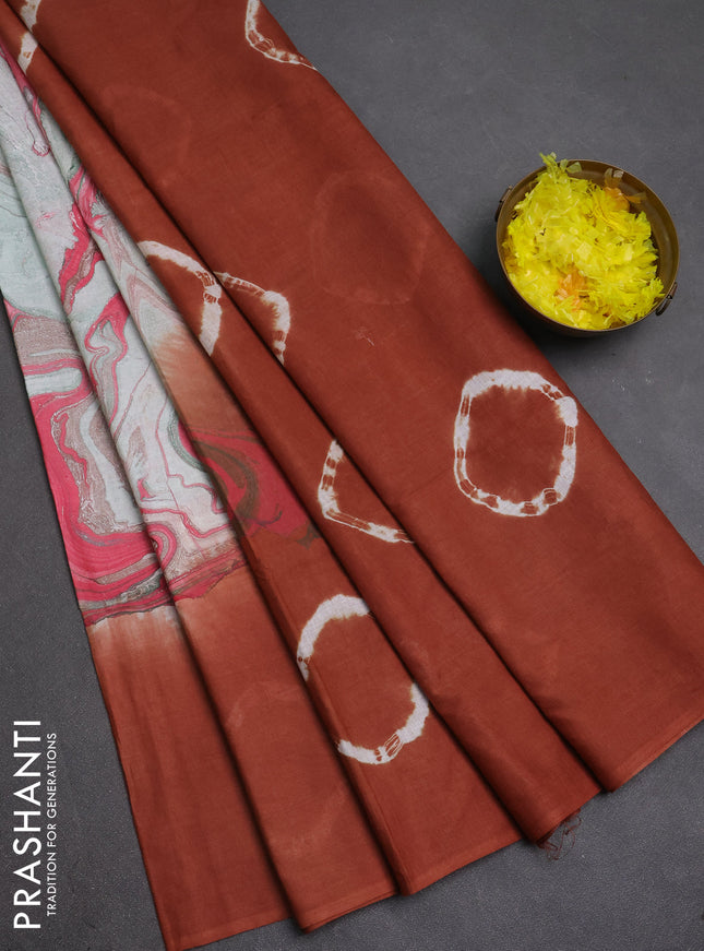 Batik cotton saree multi colour and rustic orange with allover prints and batik printed border