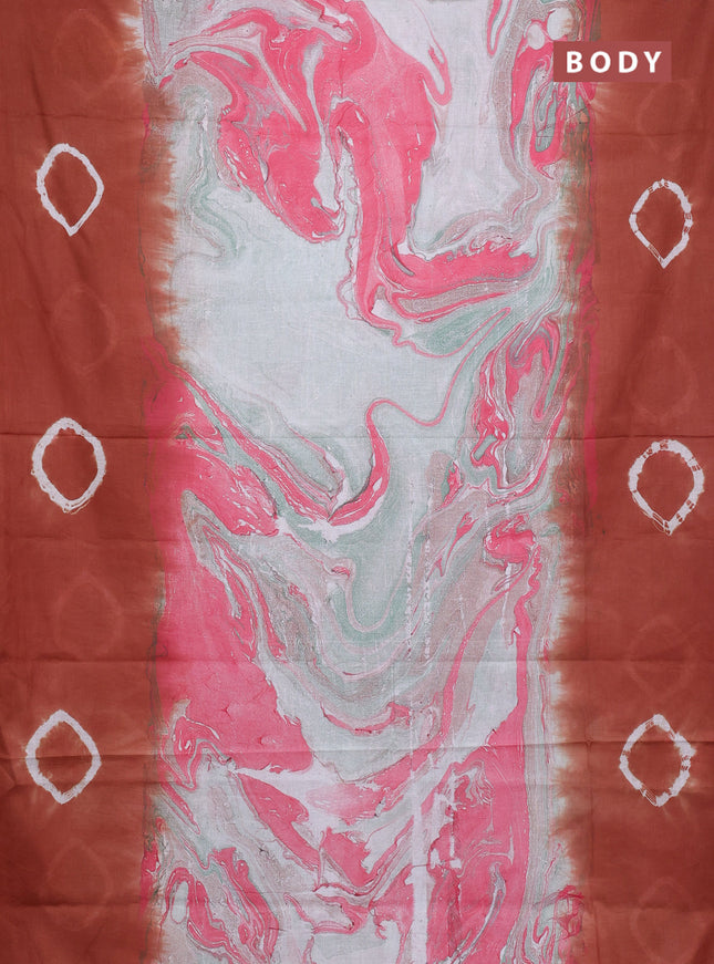 Batik cotton saree multi colour and rustic orange with allover prints and batik printed border