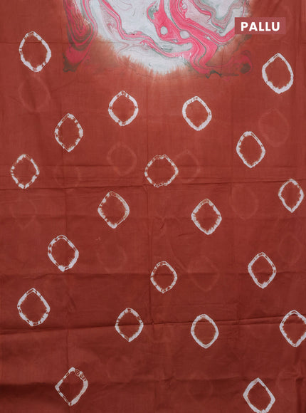 Batik cotton saree multi colour and rustic orange with allover prints and batik printed border