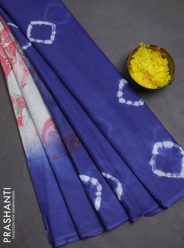 Batik cotton saree multi colour and blue with allover prints and batik printed border