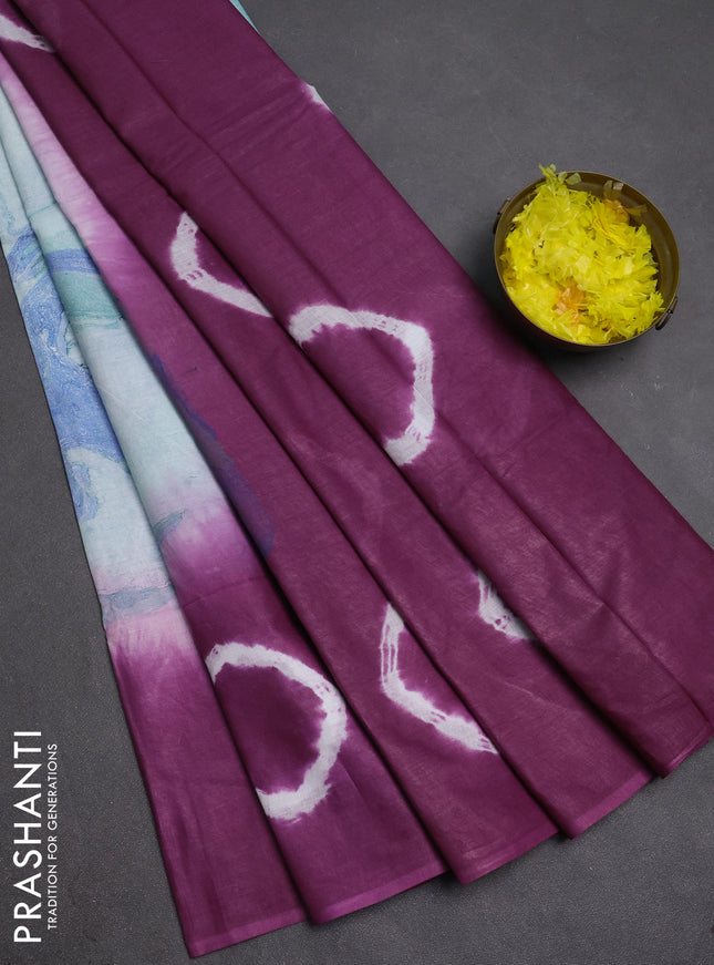 Batik cotton saree multi colour and purple with allover prints and batik printed border