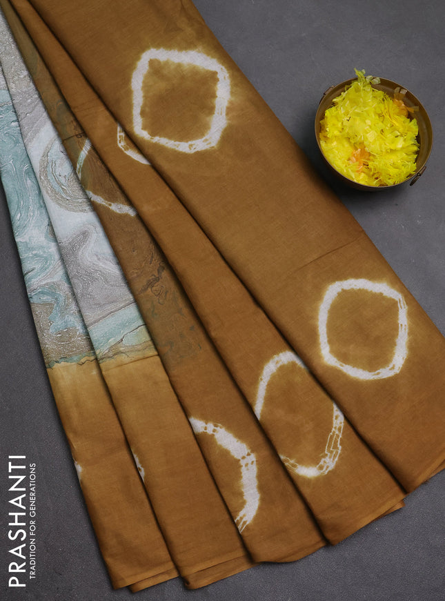 Batik cotton saree multi colour and dark mustard with allover prints and batik printed border