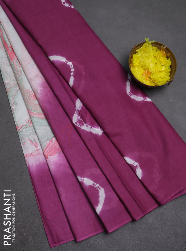 Batik cotton saree multi colour and magenta pink with allover prints and batik printed border