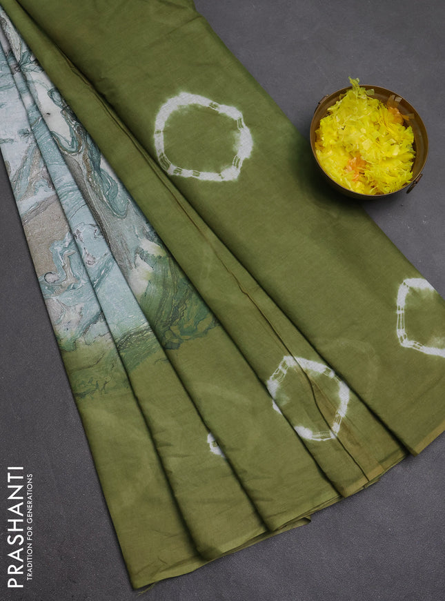 Batik cotton saree multi colour and mehendi green with allover prints and batik printed border