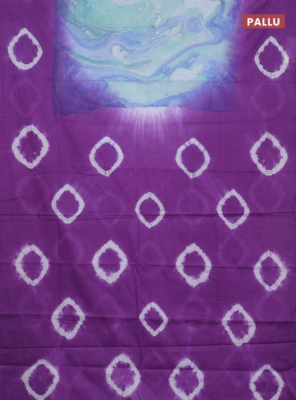 Batik cotton saree multi colour and purple with allover prints and batik printed border