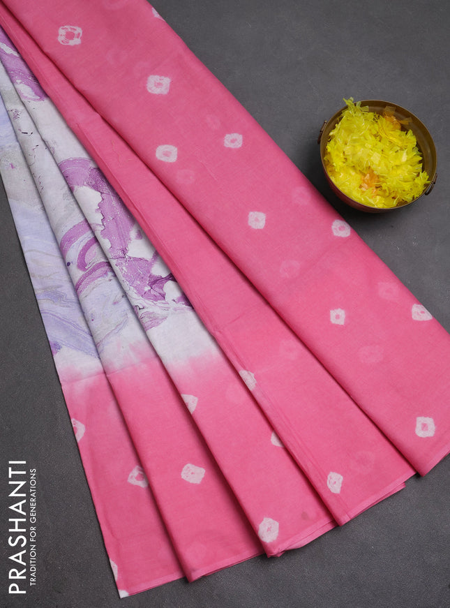Batik cotton saree multi colour and light pink with allover prints and batik printed border