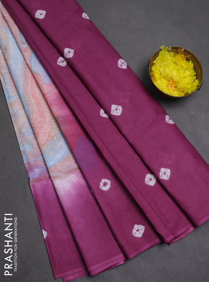 Batik cotton saree multi colour and purple with allover prints and batik printed border