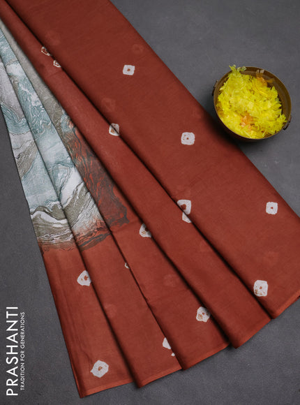 Batik cotton saree multi colour and rustic orange with allover prints and batik printed border