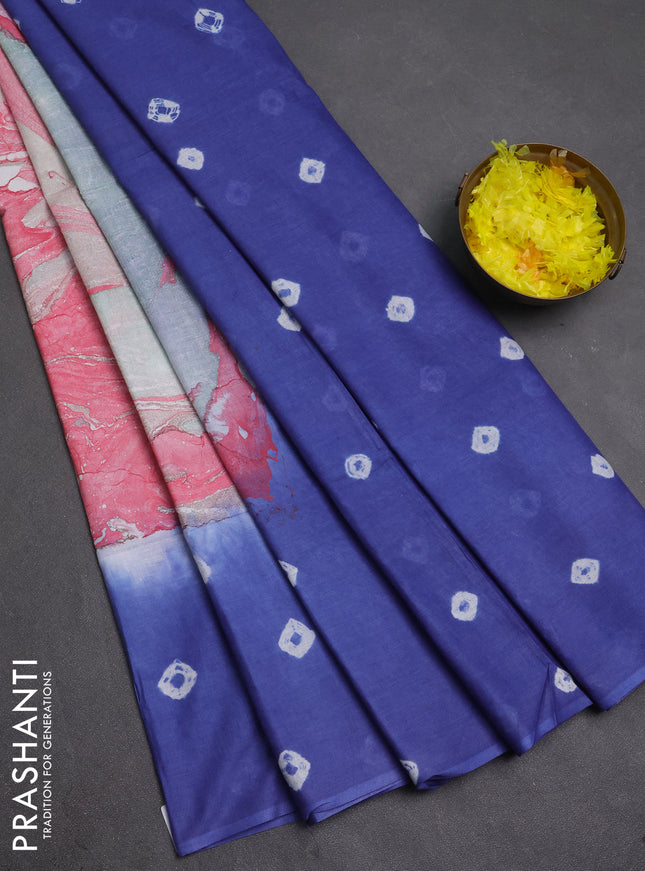 Batik cotton saree multi colour and blue with allover prints and batik printed border