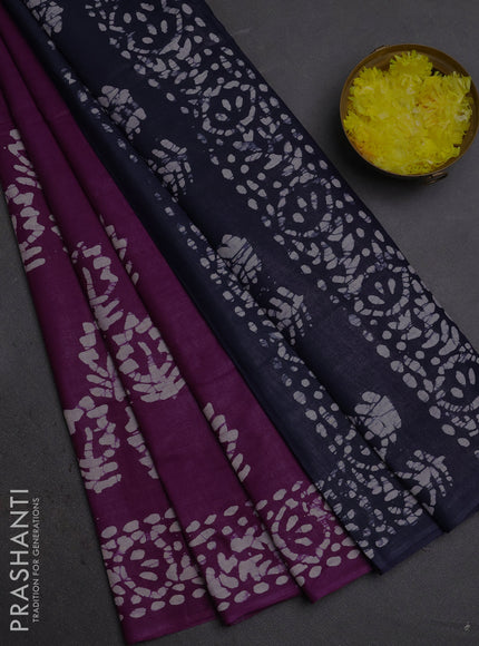 Batik cotton saree wine shade and navy blue with batik butta prints and batik printed border