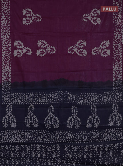 Batik cotton saree wine shade and navy blue with batik butta prints and batik printed border