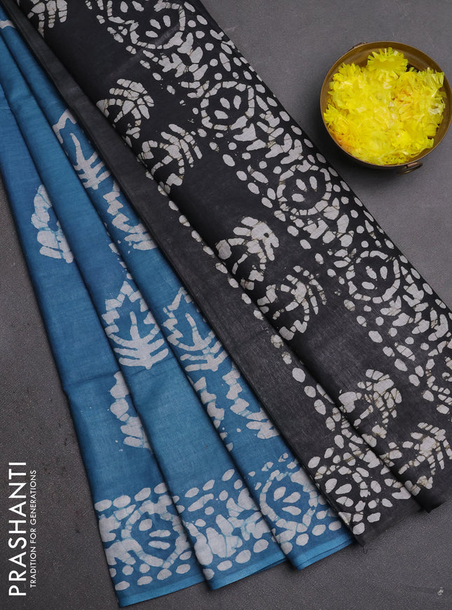 Batik cotton saree blue shade and black with batik butta prints and batik printed border