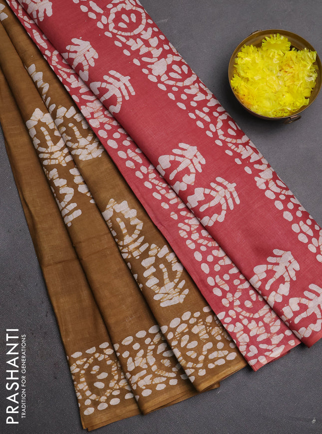 Batik cotton saree mehendi green and maroon with batik butta prints and batik printed border