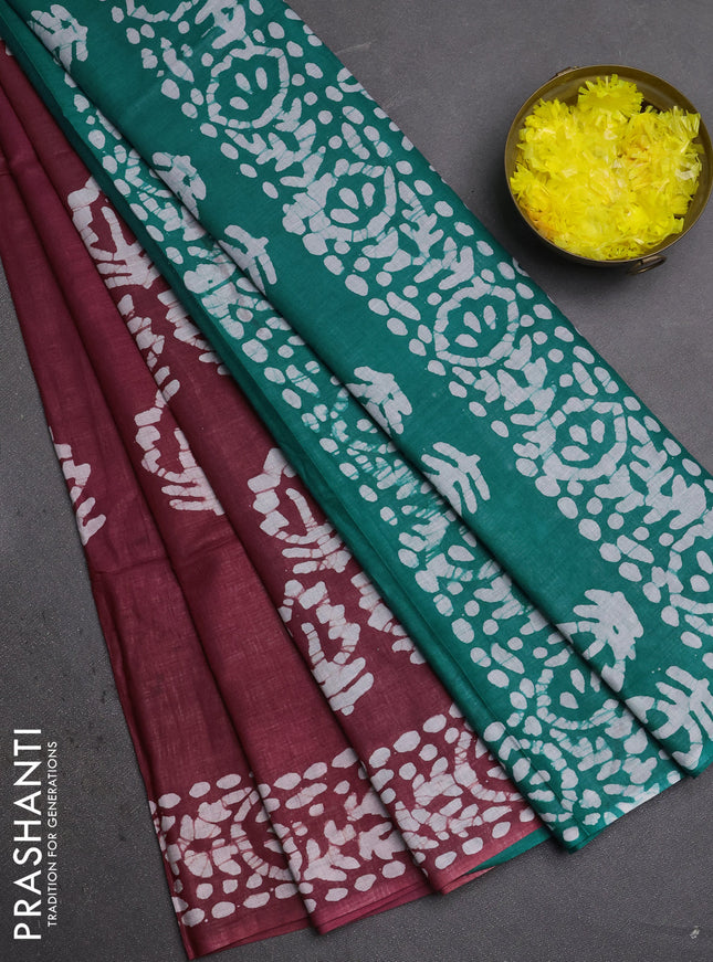Batik cotton saree maroon and teal green with batik butta prints and batik printed border