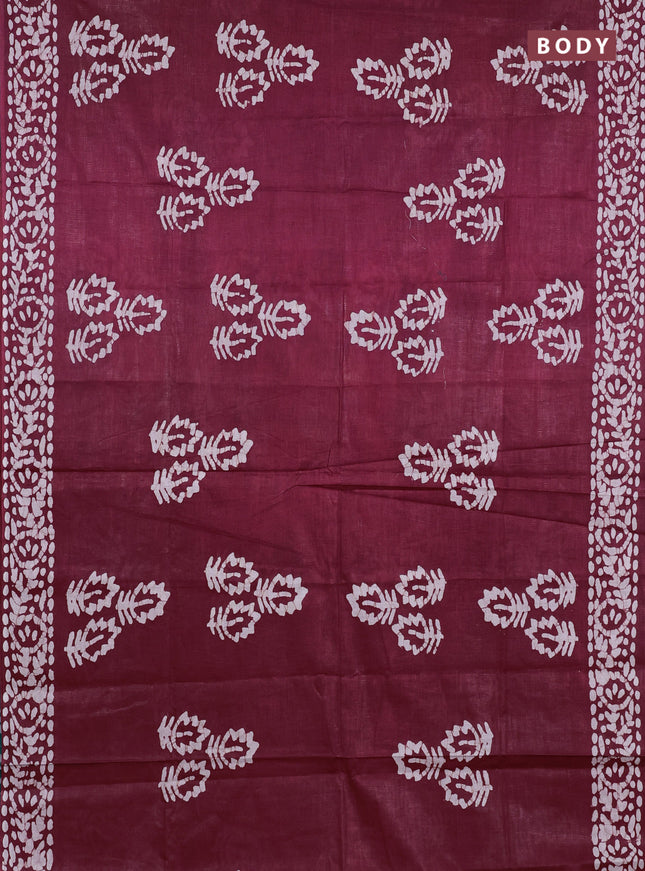 Batik cotton saree maroon and teal green with batik butta prints and batik printed border