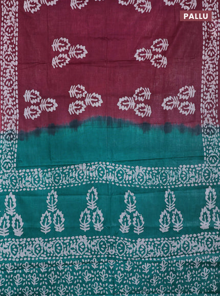 Batik cotton saree maroon and teal green with batik butta prints and batik printed border