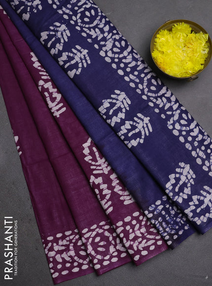 Batik cotton saree wine shade and navy blue with batik butta prints and batik printed border