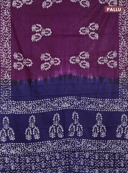Batik cotton saree wine shade and navy blue with batik butta prints and batik printed border