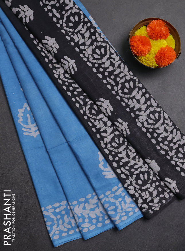 Batik cotton saree teal blue and black with batik butta prints and batik printed border