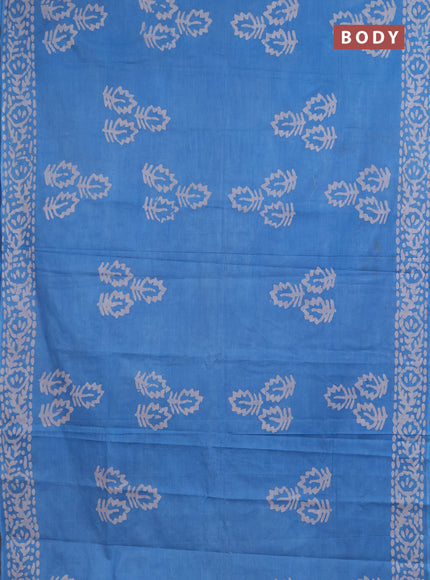 Batik cotton saree teal blue and black with batik butta prints and batik printed border
