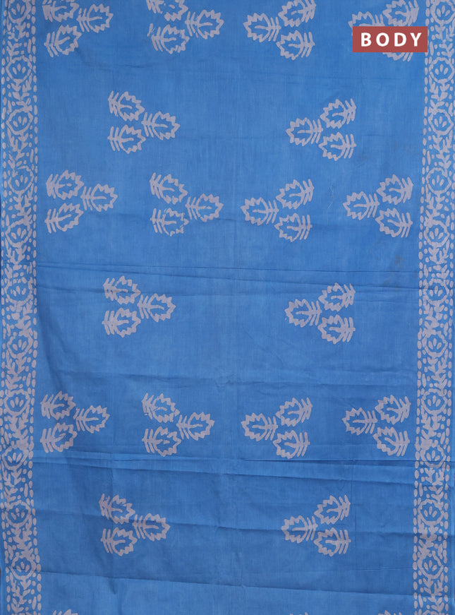 Batik cotton saree teal blue and black with batik butta prints and batik printed border