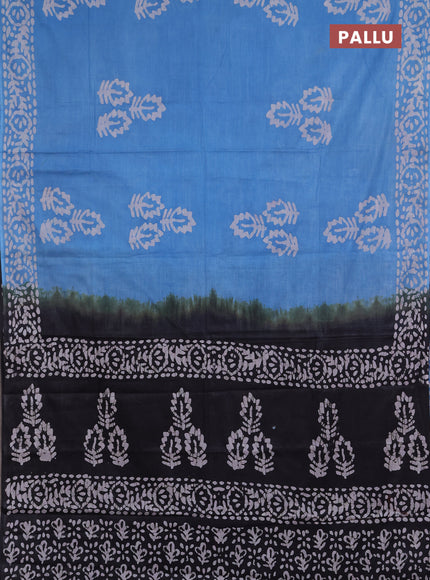 Batik cotton saree teal blue and black with batik butta prints and batik printed border