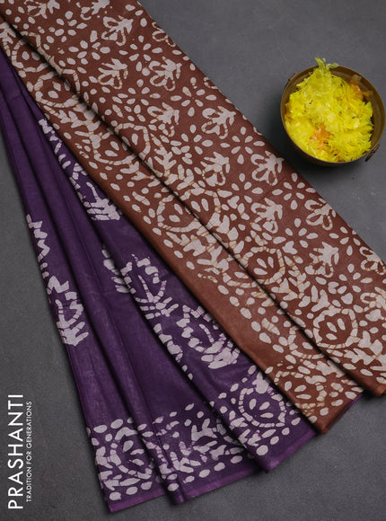 Batik cotton saree violet and brown with batik butta prints and batik printed border