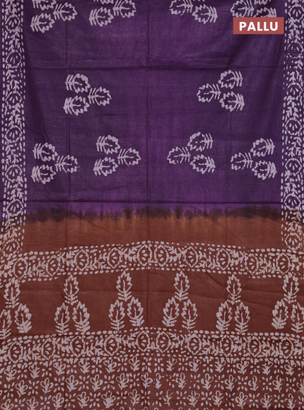 Batik cotton saree violet and brown with batik butta prints and batik printed border