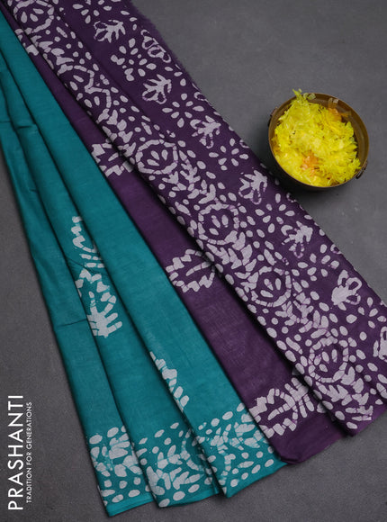 Batik cotton saree teal green with batik butta prints and batik printed border