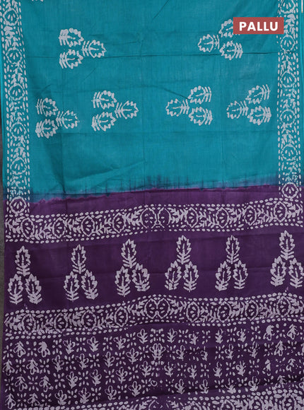 Batik cotton saree teal green with batik butta prints and batik printed border