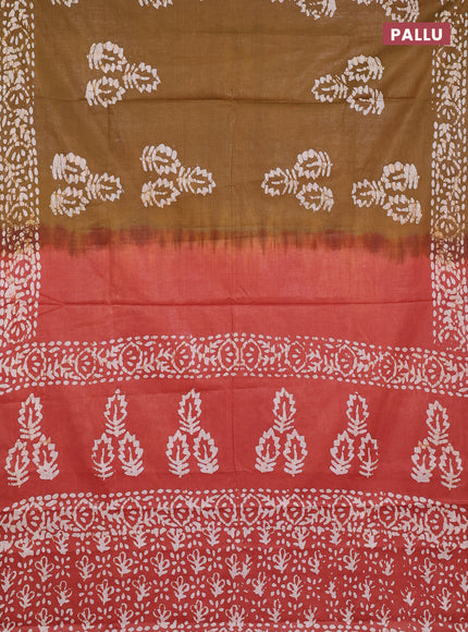 Batik cotton saree dark mustard and rust shade with batik butta prints and batik printed border