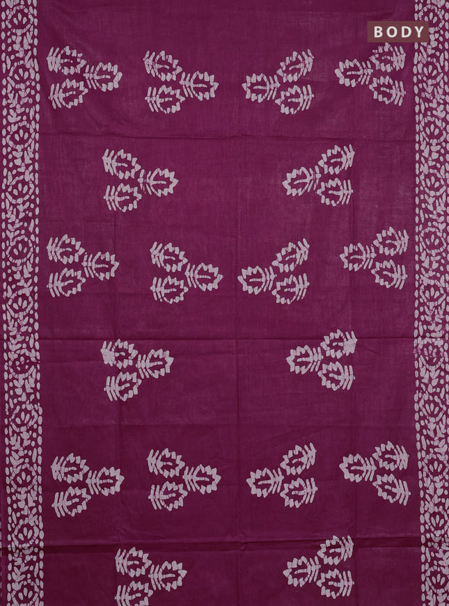Batik cotton saree wine shade with batik butta prints and batik printed border