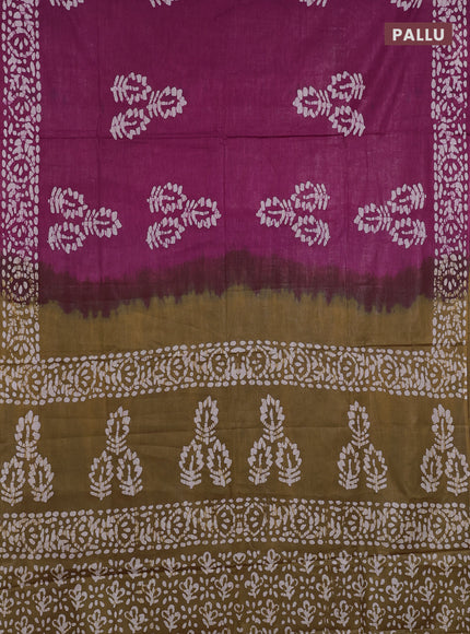 Batik cotton saree wine shade with batik butta prints and batik printed border